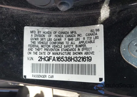 2008 Honda Civic Lx z USA, uszkodzony, nr VIN 2HGFA16538H321619